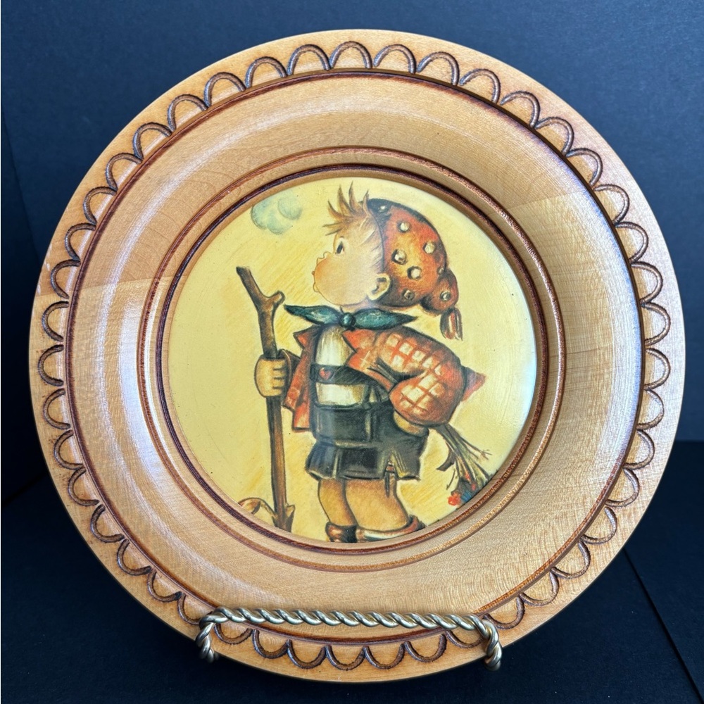 Vintage Wooden Plate with Child Illustration